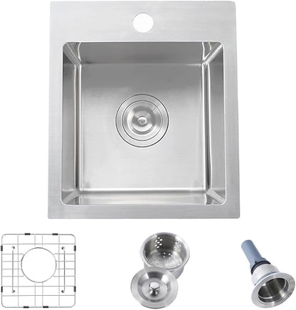 Hotis 15x15 Inch Drop In Bar Sink, Brushed Nickel Stainless Steel Topmount Small RV Kitchen Sinks, Wet Bar Sink For Outdoor, RV, and Outdoor Yard with Dish Grid and Basket Strainer