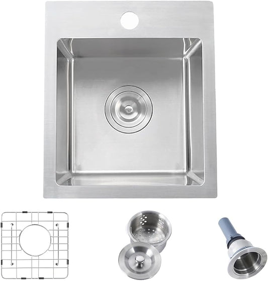 Hotis 15x15 Inch Drop In Bar Sink, Brushed Nickel Stainless Steel Topmount Small RV Kitchen Sinks, Wet Bar Sink For Outdoor, RV, and Outdoor Yard with Dish Grid and Basket Strainer