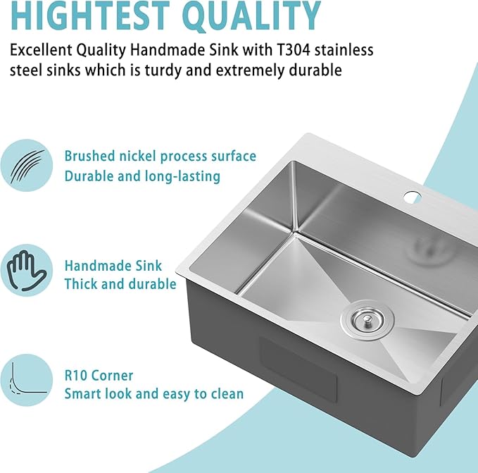 25x22 Inch Drop In Kitchen Sink, 9-Inch Deep 18 Gauge Stainless Steel Topmount Single Bowl with Bottom Grid & Strainer - Modern Upgrade for Small Kitchen Remodel & Bar Prep