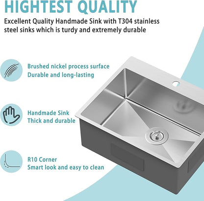 25x22 Inch Drop In Kitchen Sink, 9-Inch Deep 18 Gauge Stainless Steel Topmount Single Bowl with Bottom Grid & Strainer - Modern Upgrade for Small Kitchen Remodel & Bar Prep
