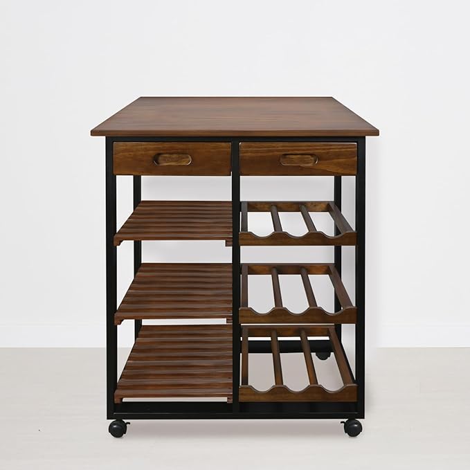 Casual Home Solid Wood 28" Wide l 4-Tier Rolling Kitchen Island Trolley with Wine Rack and Drawer, Mocha/Black