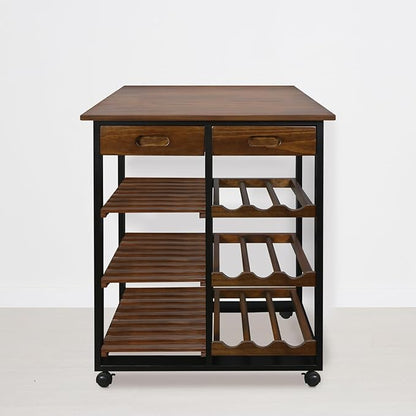 Casual Home Solid Wood 28" Wide l 4-Tier Rolling Kitchen Island Trolley with Wine Rack and Drawer, Mocha/Black