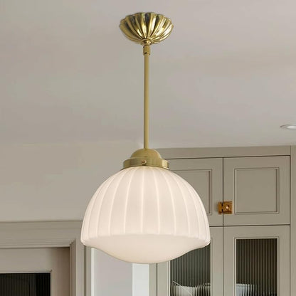 Milk Glass Pendant Light, 11" Brass Semi Flush Mount Pendant Light, Antique White Pleated Glass Chandelier, for Kitchen Island Lighting, Hallway, Bedroom, Dining Room, Foyer, E26 Bulb Included