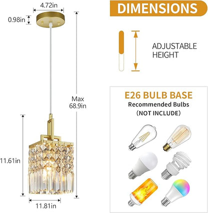 Modern Crystal Pendant Light Kitchen Island Farmhouse Lamp Adjustable Height Hanging Lighting Square Gold Chandelier Suitable for Kitchen Island Dining Room and Bedroom(2Pack)