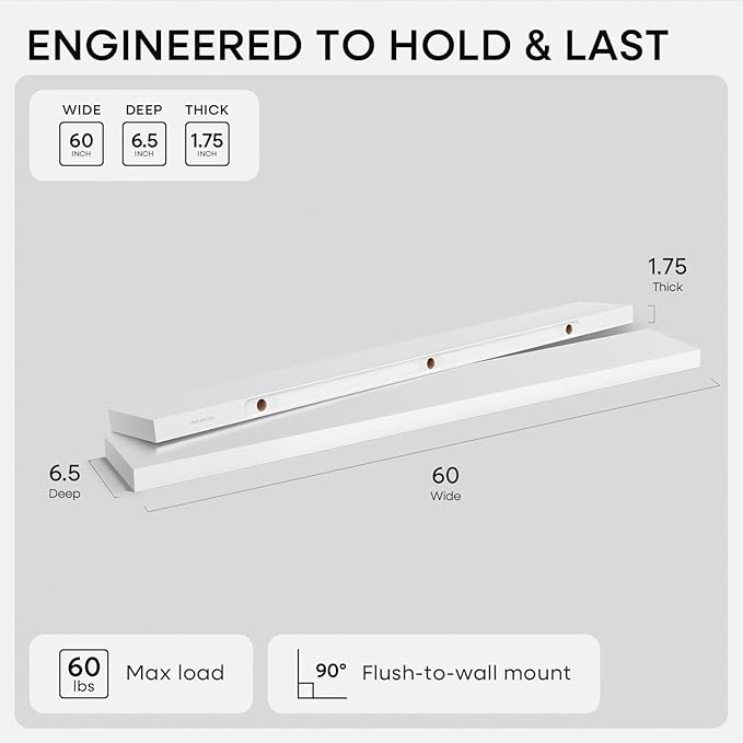Homeforia Floating White Shelf 60 inches, High End Solid Real Wood 60inch Long Floating Shelves for Wall Mounted, White Wooden 60in Floating Shelves, Heavy Duty Bracket, 60 X 6.5 X 1.75 inch, Set of 3