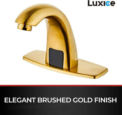 Brushed Gold Touchless Bathroom Sink Faucet - Automatic Motion Sensor Battery Opertated with Temperature Mixing Valve for Commercial Lavatory