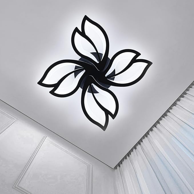 Modern Black Ceiling Light Fixture, 24" Flower Dimmable LED Light Fixtures, Low Profile Flush Mount Ceiling Light with Remote Control for Bedroom, Kitchen, Living Room