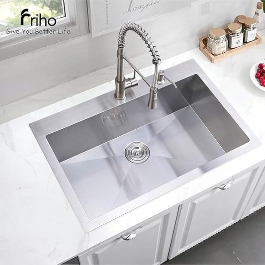 Friho 30 Inch Drop in Kitchen Sink, 30x18 Top Mount Commercial Handmade 18 Gauge Single Bowl Stainless Steel Sink With Basket Strainer