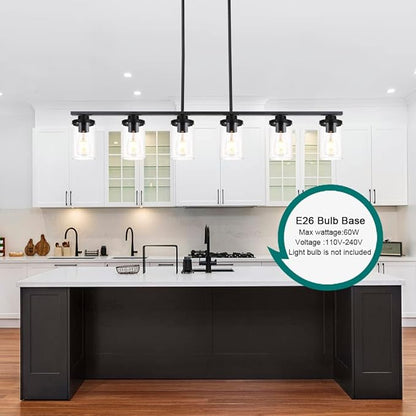 Farmhouse Dining Room Light Fixture 6 Lights Chandeliers for Dining Room Black Pendant Lighting with Clear Glass Shade for Dining Room, Foyer, Restaurant, Bar, E26 Base
