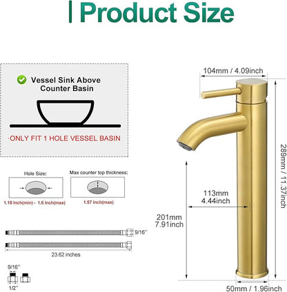 VOTON Brushed Gold Tall Bathroom Faucet, Single Handle Vessel Sink Faucet with Water Supply Hose and Pop Up Sink Drain