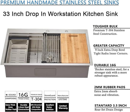 SHACO 33x22 Inch Drop In Kitchen Sink, 33 Inch All In One SUS304 Stainless Steel Top Mount Single Bowl Overmount Double Ledges Workstation Sink with Accessories, Brushed Nickel