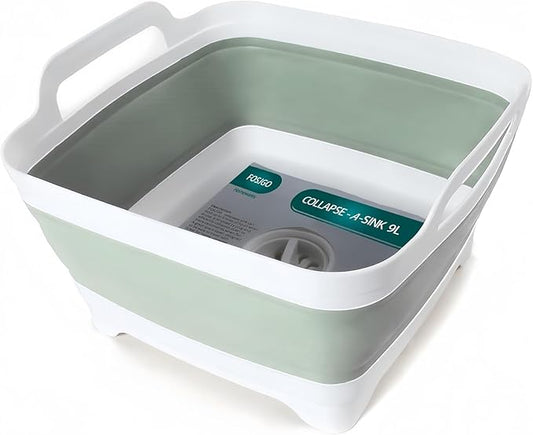 FOSJGO Collapsible Dish Basin with Drain Plug and Carry Handles - 9L Capacity, Portable Sink Tub for Camping and RV