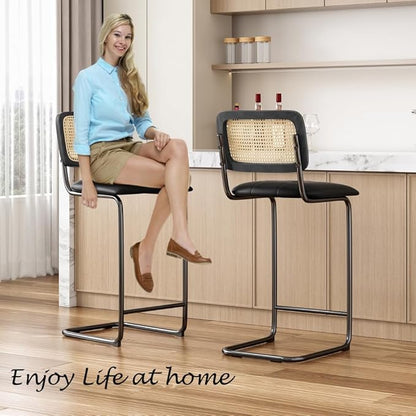 Counter Height Bar Stools Set of 2, Upholstered PU Leather Barstools with Rattan Back, for Kitchen Island, Black (Black + Metal + Rattan + Rattan+Metal + Modern)