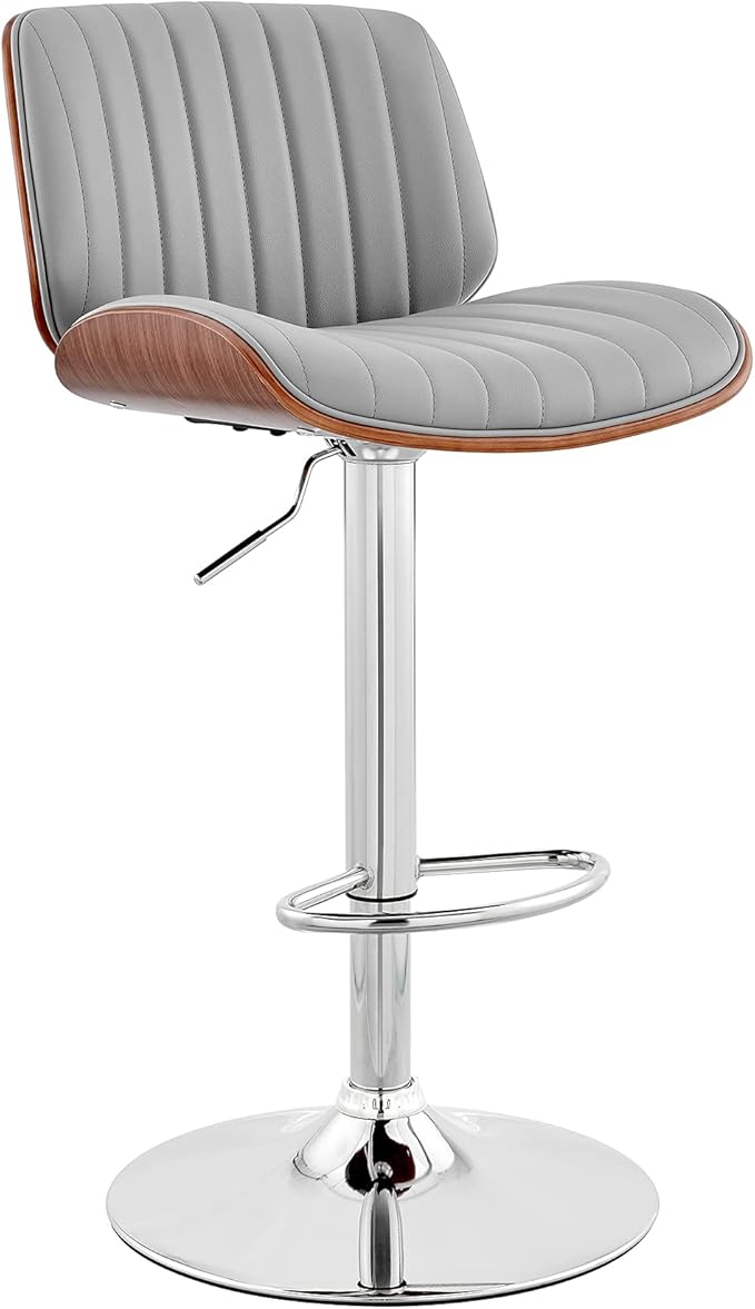 Armen Living Brock Modern Adjustable Height Swivel Gray Faux Leather and Walnut Wood Bar Stool with Chrome Base for Kitchen Island Counter