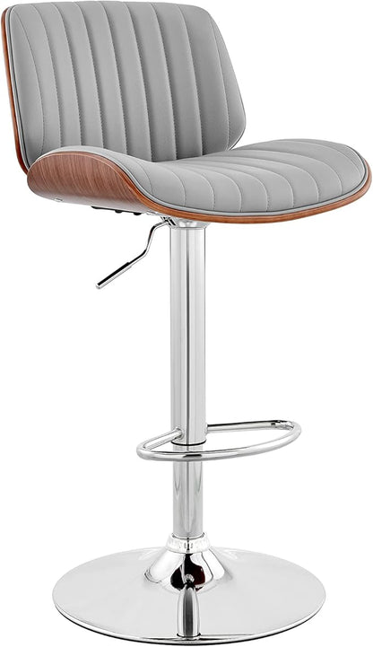 Armen Living Brock Modern Adjustable Height Swivel Gray Faux Leather and Walnut Wood Bar Stool with Chrome Base for Kitchen Island Counter