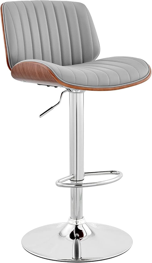Armen Living Brock Modern Adjustable Height Swivel Gray Faux Leather and Walnut Wood Bar Stool with Chrome Base for Kitchen Island Counter