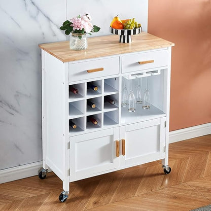 Menaka 2 Doors Kitchen Island Carts 30 Inches with Drawers and Wine Rack Storage Sideboard Buffet Trolley Side Table with Wheels, White Dining Room Cupboard Dinette Floor Freestanding Small Space