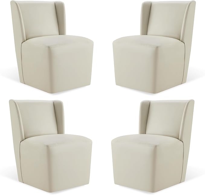 KISLOT Upholstered Dining Chairs Set of 4 with Casters, Wingback Modern Side Armless Deskchair with Rollers for Diningroom Bedroom Livingroom Reading Room, Cream Faux Leather
