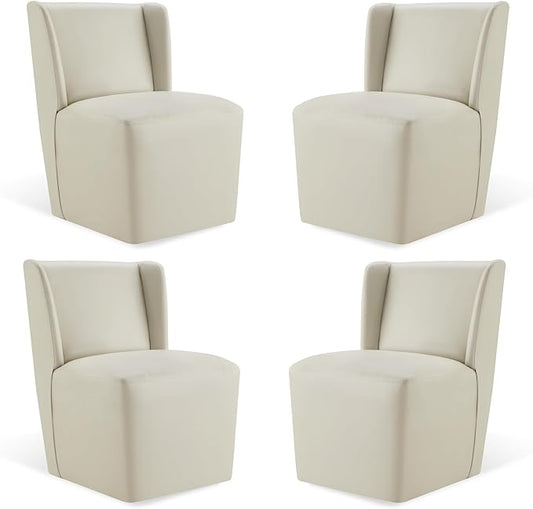 KISLOT Upholstered Dining Chairs Set of 4 with Casters, Wingback Modern Side Armless Deskchair with Rollers for Diningroom Bedroom Livingroom Reading Room, Cream Faux Leather