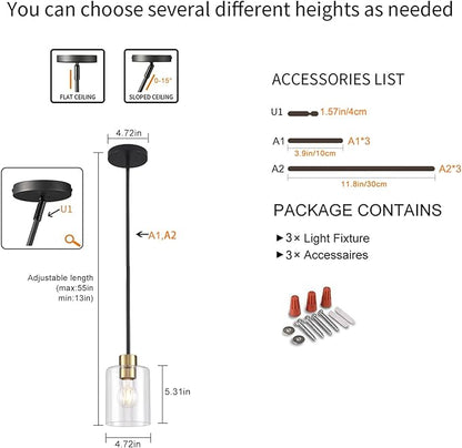Black Brass Pendant Lights Kitchen Island - Clear Glass Pendant Light Fixture Multiple Stems Rods 3 Units 12 Inch 3 Units 4 Inch (3 Pack Black Brass Downrod)