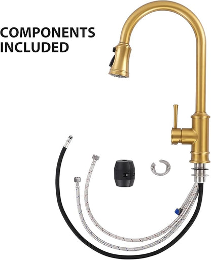 Gold Brushed Nickel Kitchen Faucet with Pull Down Sprayer, Vintage 3 Mode Sprayer Kitchen Sink Faucet for Praticial Use, Antique Farmhouse Style, Deck Mount