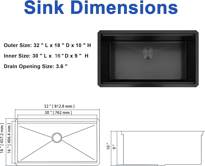 LQS Undermount Kitchen Sink 32 x 18, Large Black Undermount Kitchen Sink, Deep Single Bowl Sinks, Top-Grade 16 Gauage Stainless Steel Nano PVD Material with Round Corner and X-Shape Drain Line