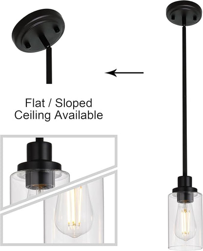 MELUCEE 2-Pack Pendant Light Black Adjustable Hanging Light Fixtures Ceiling with Clear Glass Shade, Set of Two Mini Pendant Lighting for Kitchen Island Hallway Porch Corridor