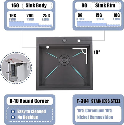 Black Bar Sink Drop In-15x15 Inch Kitchen Sink Stainless Steel Square Small Topmount Workstation Sinks，Single Bowl Kitchen Sinks for Office Laundry Wet Bar Prep RV Outdoor Yard