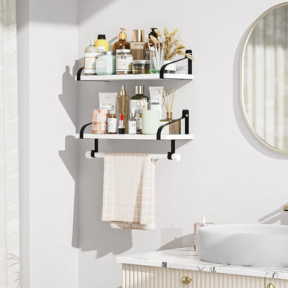 Love-KANKEI Floating Shelves for Coffee Bar,Bathroom Shelves with Wood Bar, Wall Shelves with 8 Hooks for Kitchen, 17.3 Inch Storage Shelves Set of 2 for Bedroom,Living Room，White