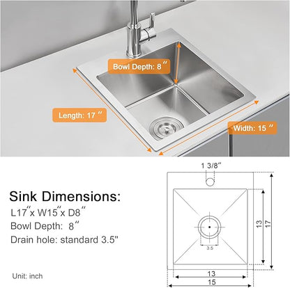 ROVATE 15 x 17 x 8 inch Drop in Bar or Kitchen Sink Single Bowl, Small Kitchen Sink Topmount, 304 Stainless Steel Bar Sinks Overmount Handmade with Basket Strainer