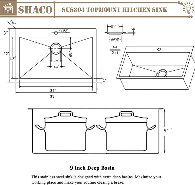 SHACO 33x22 Black Drop In Kitchen Sink, 33 Inch Topmount Gunmetal Black Stainless Steel Single Bowl Overmount Double Ledges Workstation Sink with Accessories