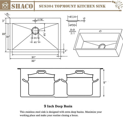SHACO 33x22 Black Drop In Kitchen Sink, 33 Inch Topmount Gunmetal Black Stainless Steel Single Bowl Overmount Double Ledges Workstation Sink with Accessories