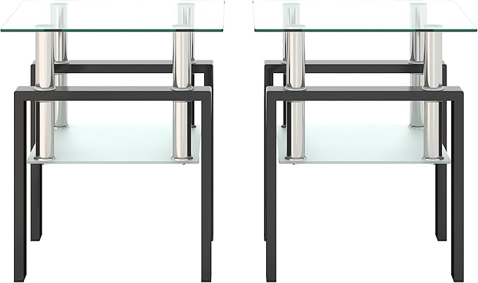 Set of 2 Glass End Table, Glass Side Table with Tempered Glass Top & Metal Legs, Living Room Table Modern Square Tea Table Side Tables 2-Layer for Living Room