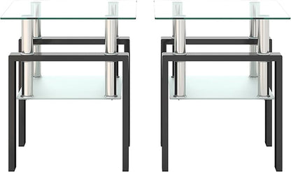 Set of 2 Glass End Table, Glass Side Table with Tempered Glass Top & Metal Legs, Living Room Table Modern Square Tea Table Side Tables 2-Layer for Living Room