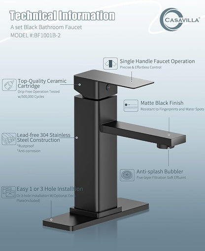 Bathroom Faucets Set with Pop Up Drain, Modern Single Handle Black Bathroom Sink Faucet w/Deck Plate(1 or 3 Hole), Farmhouse RV Vanity Sink Faucet-2 Sets, baño lavamanos Llave