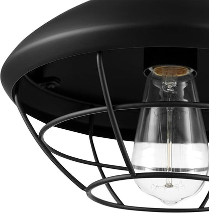 Globe Electric 60000120 1-Light Outdoor Flush Mount Ceiling Light, Matte Black Finish, Metal Cage Shade, Weather Resistant, Industrial Outdoor Ceiling Light, E26 Base