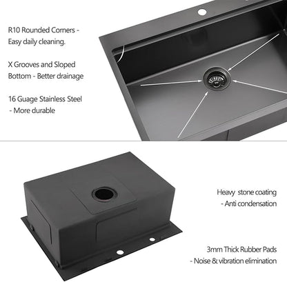 25 Black Drop in Kitchen Sink, Luckyhorse 16 Gauge Nano Black Stainless Steel 25x22 Deep Drop In Workstation Kitchen Sink LH004SB