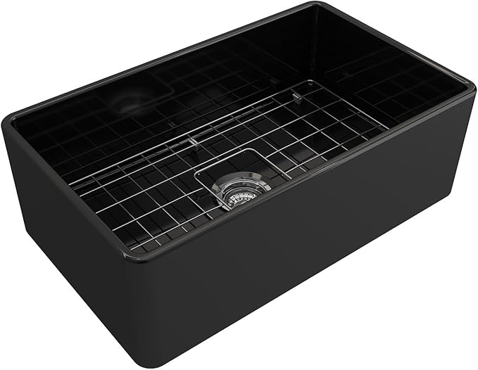 BOCCHI Classico Farmhouse Apron Front Fireclay 30 in. Single Bowl Kitchen Sink with Protective Bottom Grid and Strainer in Black