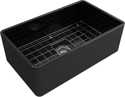 BOCCHI Classico Farmhouse Apron Front Fireclay 30 in. Single Bowl Kitchen Sink with Protective Bottom Grid and Strainer in Black