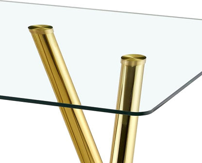 71" Glass Gold Dining Table for 4 6, Modern Kitchen Dining Room Table with 0.39" Thick Tempered Glass Tabletop and Metal Legs, Large Rectangle Dinner Tables for Home Kitchen Living Room