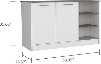 GOWE Kitchen Island Two Cabinets, Three Open Shelves, White/Dark Brown