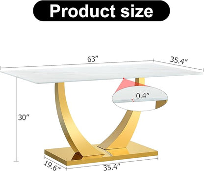 AZmac 63'' White Dining Table, Faux Marble Dining Room Table for 4-6, Tempered Glass Dinner Table with Gold U Shaped Legs for Kitchen Dining Room