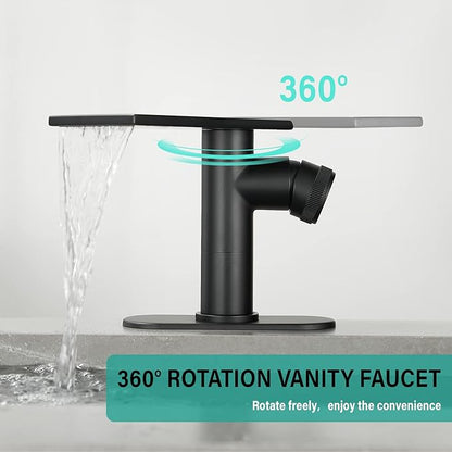becola Modern Bathroom Sink Faucet，Black Bathroom Faucet，Waterfall Faucet for Bathroom Sink，Single Hole Cold and Hot Vanity Faucet，Single Handle Vessel Sink Faucet with Adjust Knobs and Deck Plate