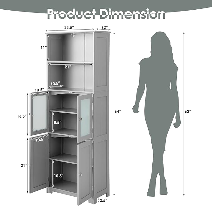 Tangkula Tall Bathroom Storage Cabinet, Freestanding Floor Cabinet w/2 Glass Doors & 2 Open Shelves, 3-Position Adjustable Shelves, Anti-toppling Design, 64” Tall Pantry Cupboard for Kitchen