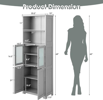 Tangkula Tall Bathroom Storage Cabinet, Freestanding Floor Cabinet w/2 Glass Doors & 2 Open Shelves, 3-Position Adjustable Shelves, Anti-toppling Design, 64” Tall Pantry Cupboard for Kitchen
