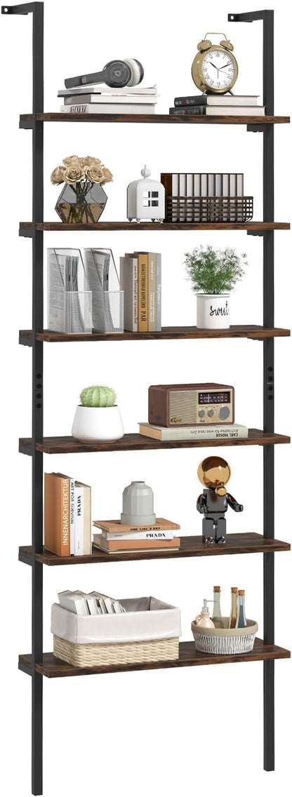Giantex 6-Tier Ladder Shelf, 72" Wall Mounted Bookshelf with Metal Frame, Industrial Open Storage Shelves, Wooden Bookcase Display Rack for Living Room, Home Office, Bedroom,Rustic Brown