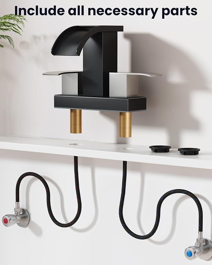 gotonovo Waterfall 4 Inch Centerset Bathroom Sink Faucet 2 Handle Basin Faucets 2 or 3 Hole Deck Mount with Pop Up Drain Included Lavatory Modern Mixer Tap Vanity Faucet Matte Black & Brushed Nickel