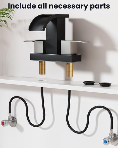 gotonovo Waterfall 4 Inch Centerset Bathroom Sink Faucet 2 Handle Basin Faucets 2 or 3 Hole Deck Mount with Pop Up Drain Included Lavatory Modern Mixer Tap Vanity Faucet Matte Black & Brushed Nickel