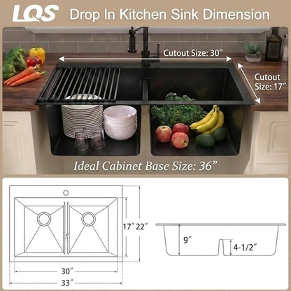 LQS Black Kitchen Sink, 33x22 Drop In Kitchen Sink Black, Top Mount Stainless Steel Sink, Large Capacity, 50/50 Double Bowl Sink with Unique Low-Divider Design For Easier Rinsing and Cleaning