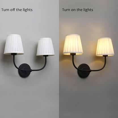 PERMO Vintage Double Sconce Black 2 Light Sconces with Pleated Beige Stripe Fabric Shades Wall Sconces Hardwired Light for Bathroom Bedroom Hallway